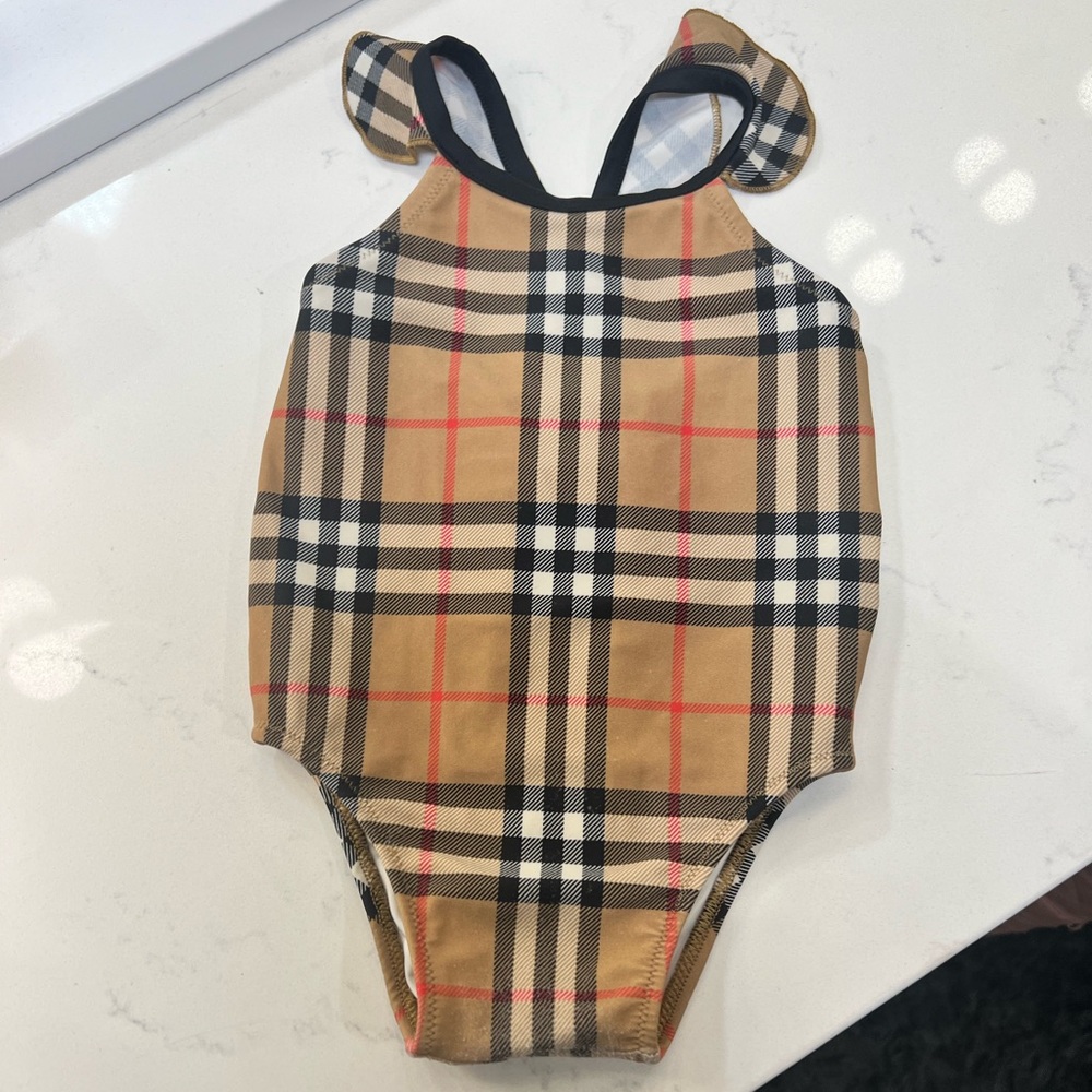 Burberry Tan Plaid Kids One-Piece Swimsuit with Red Accents